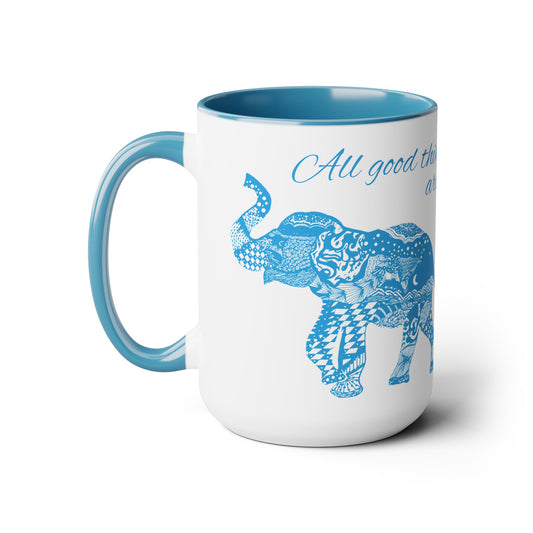 Elephant Doodle gone Blue - Two-Tone Coffee Mugs, 15oz