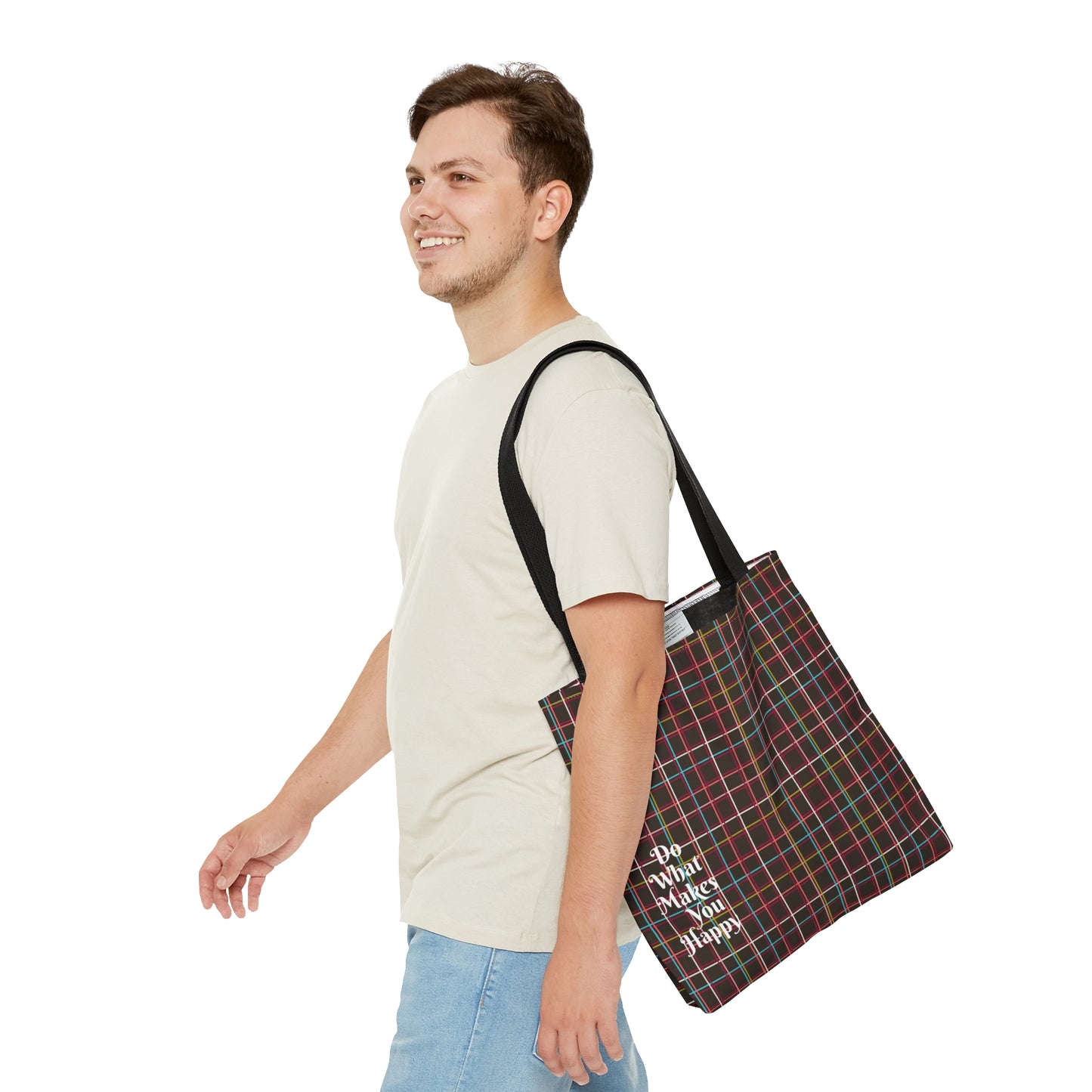 Fleeting Brown Plaid "Do What Makes You Happy" Tote Bag