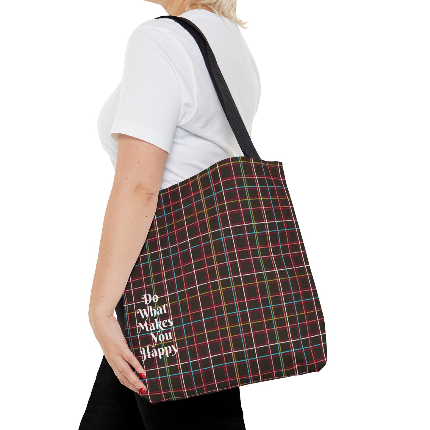 Fleeting Brown Plaid "Do What Makes You Happy" Tote Bag