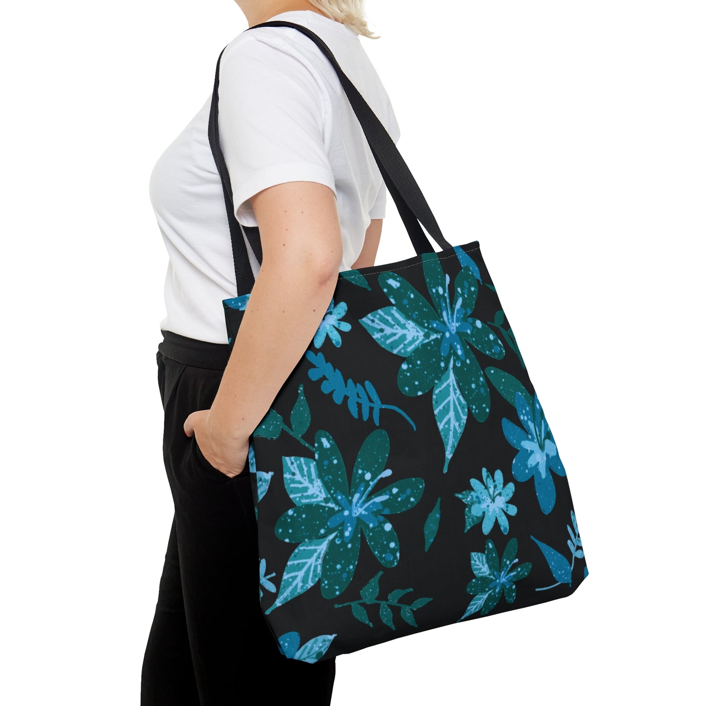 Blue Floral Sense Black Tote Bag