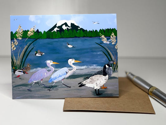 A day by the Lake Greeting Card - Blank Notecard Herons, Green Headed Mallards, and Canadian Geese - Squirrellyartmama