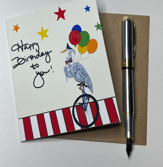 Birthday Card - Heron Celebrates Happy Birthday - Squirrellyartmama