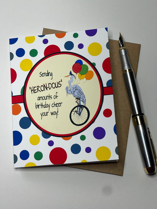 Birthday Card - Heron Unicycle - Squirrellyartmama