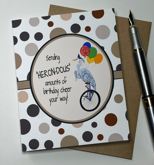 Birthday Card - Heron Unicycle Earthy tones - Squirrellyartmama