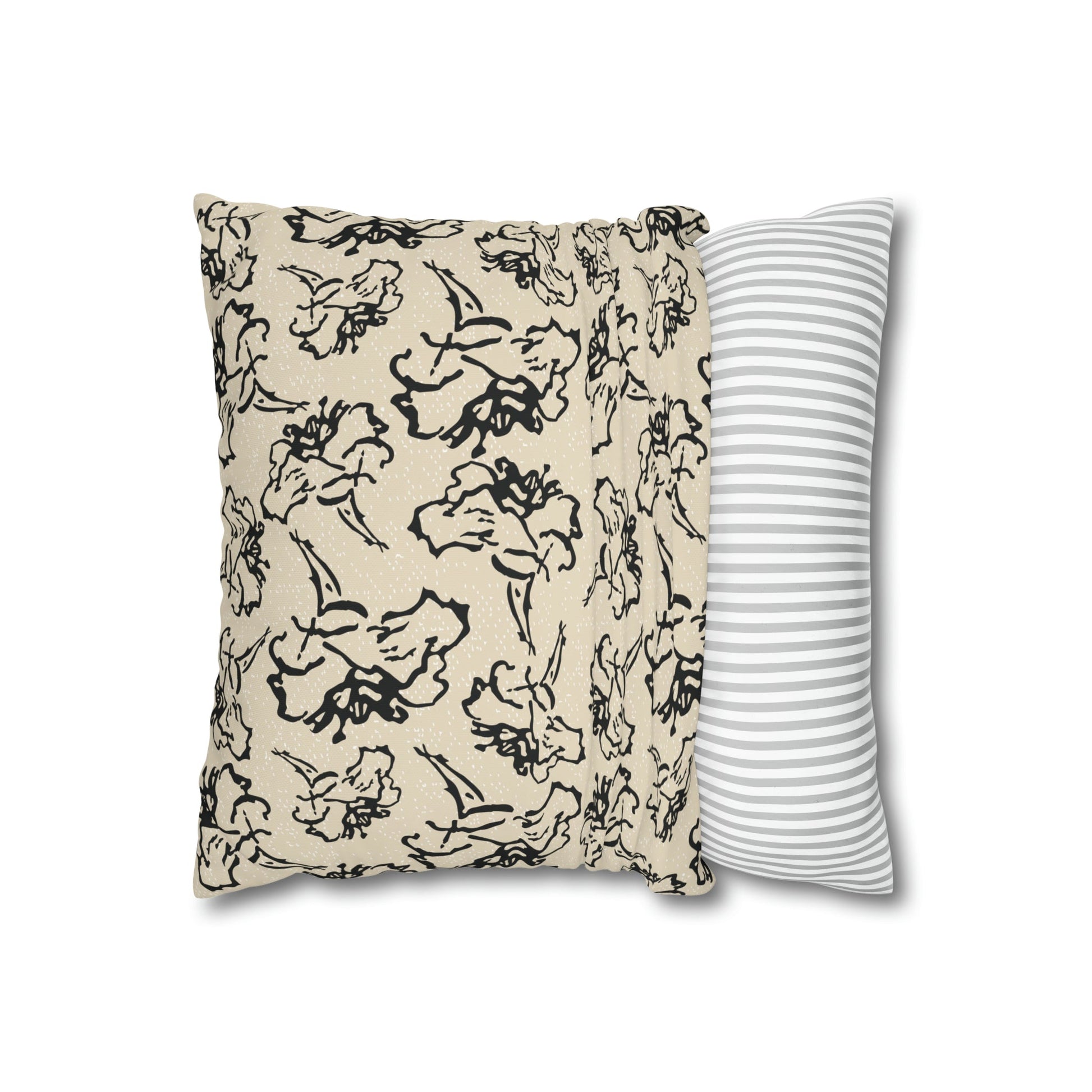 Black Flower Cream with white specks Square Poly Canvas Pillowcase - Squirrellyartmama