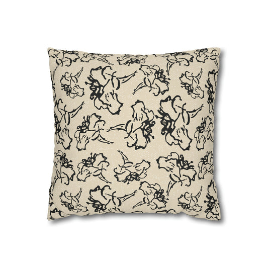 Black Flower Cream with white specks Square Poly Canvas Pillowcase - Squirrellyartmama