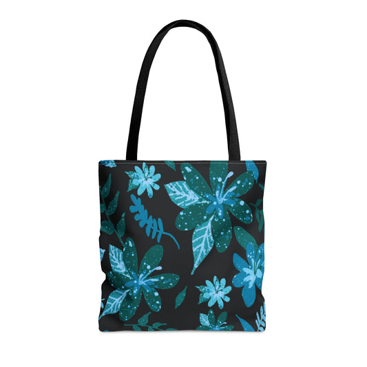 Blue Floral Sense Black Tote Bag - Squirrellyartmama