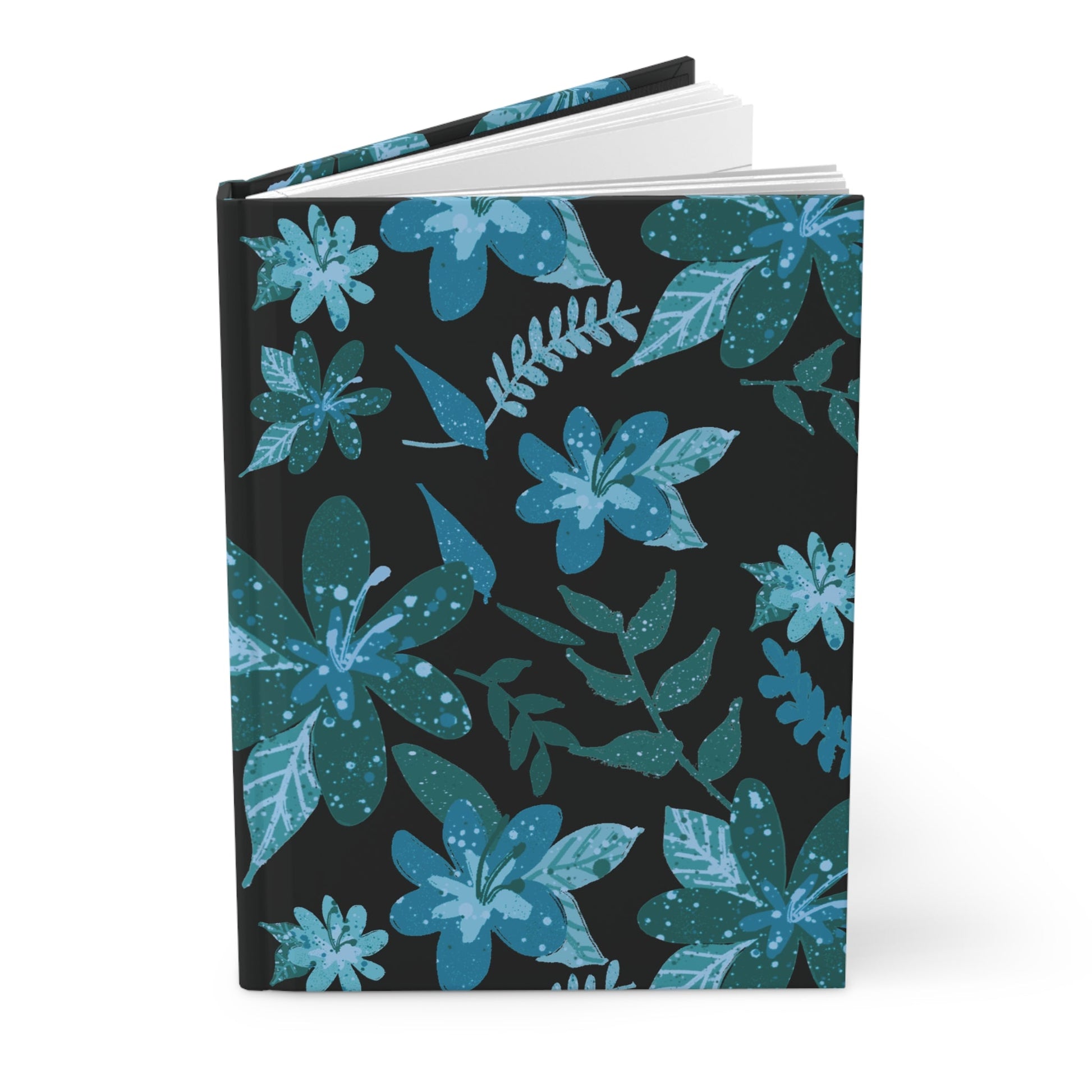 Blue Floral Sense with Black background Hardcover Journal Matte - Squirrellyartmama