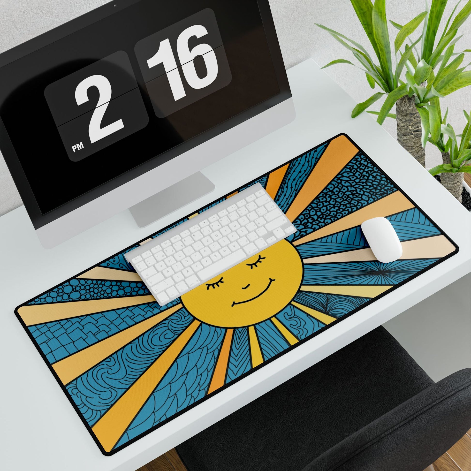 Burst of Sunshine Desk Mat on Turquoise Background - Squirrellyartmama