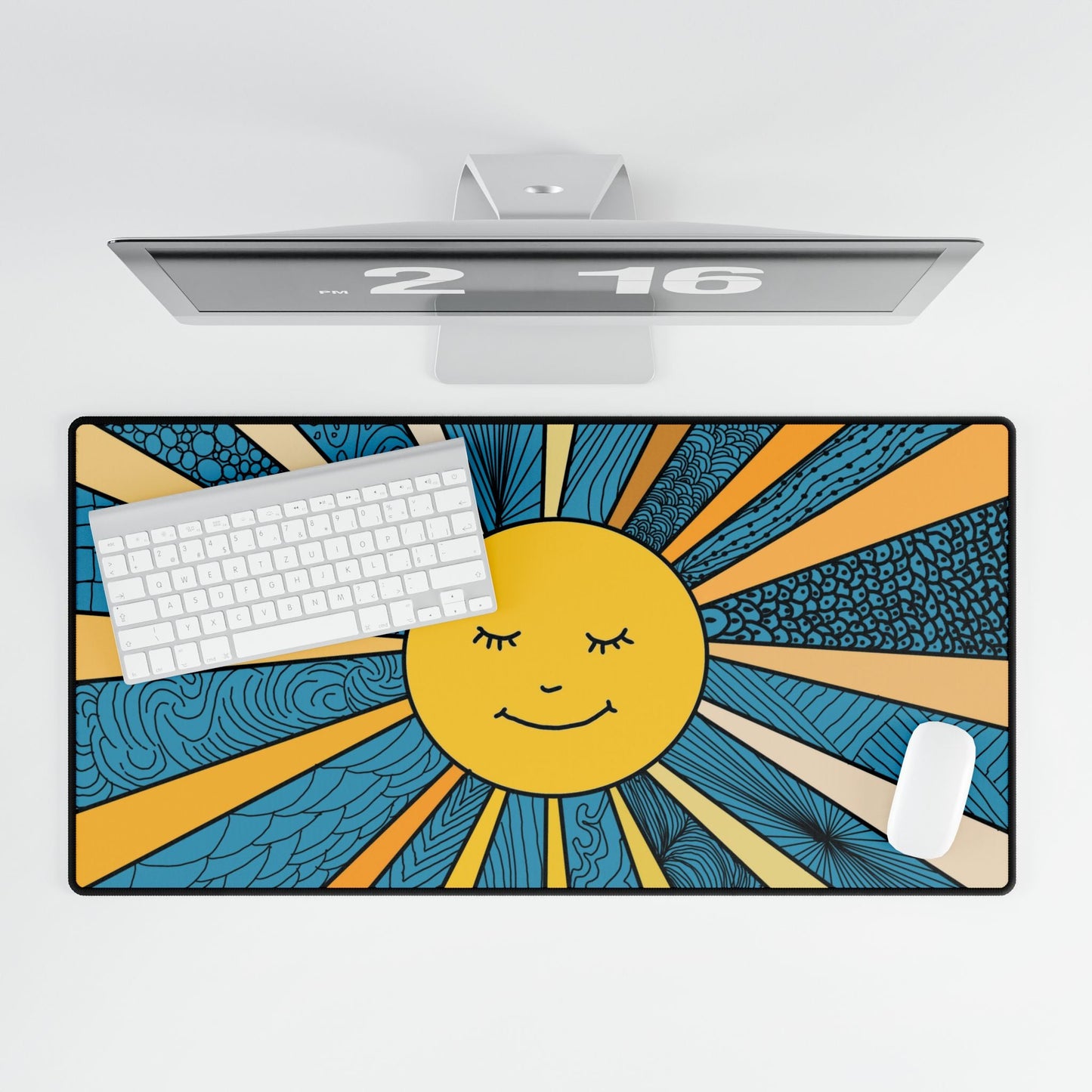 Burst of Sunshine Desk Mat on Turquoise Background - Squirrellyartmama