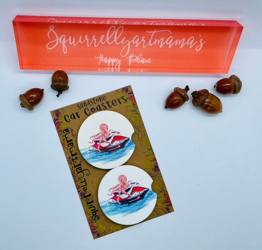 Coaster Sandstone Car Coaster Set - Jet ski Octopus - Squirrellyartmama