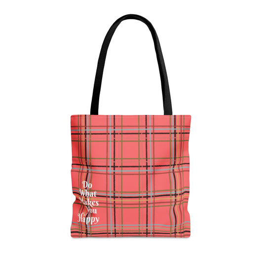 Dark Peach Plaid "Do What Makes You Happy" Tote Bag - Squirrellyartmama