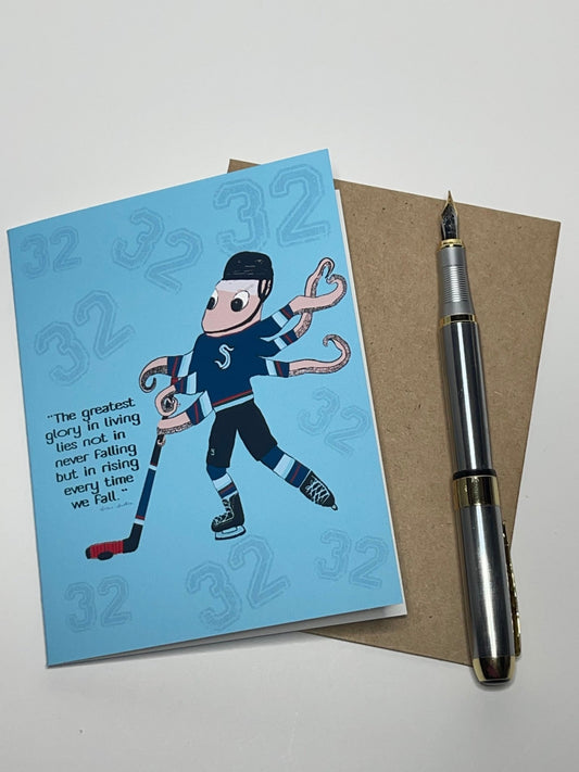 Octo Hockey Number 32 Fan Green Greeting Card - Note card Seattle Hockey Team colors - Squirrellyartmama