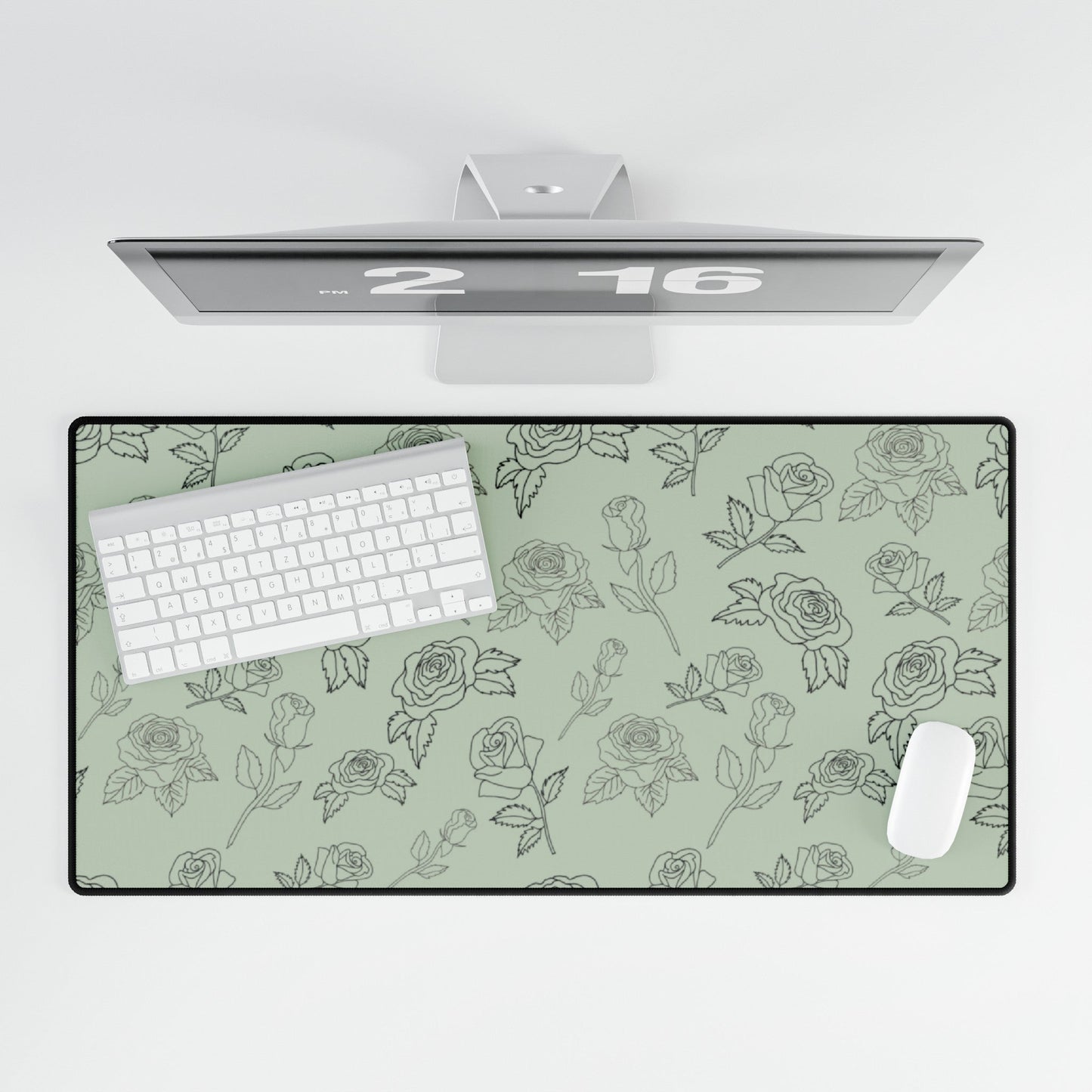 Rose Outline on a Sage Green Background Desk Mat - Squirrellyartmama