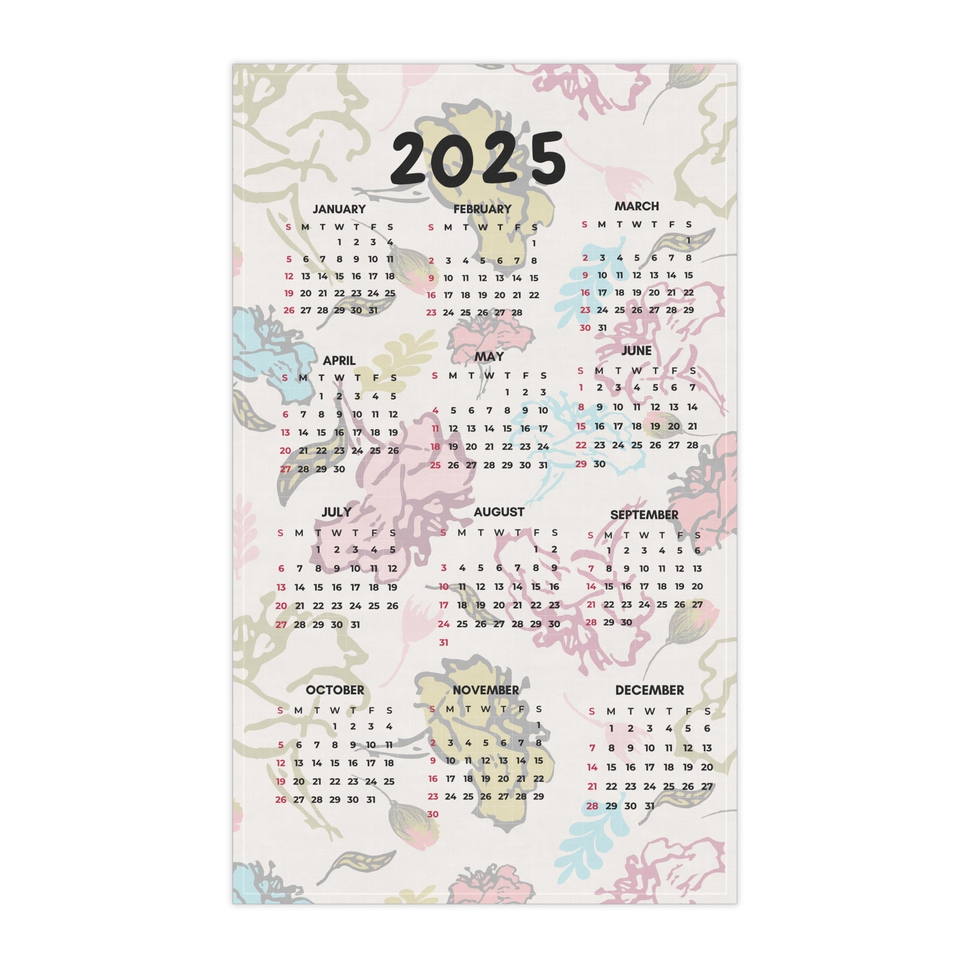 Tea Towel - Floral Rosebud 2025 Calendar Tea Towel - Squirrellyartmama