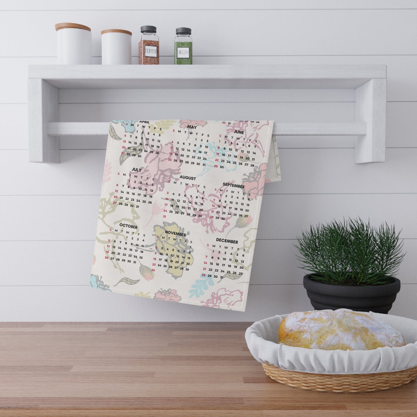 Tea Towel - Floral Rosebud 2025 Calendar Tea Towel - Squirrellyartmama