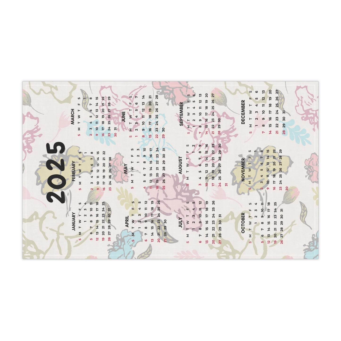 Tea Towel - Floral Rosebud 2025 Calendar Tea Towel - Squirrellyartmama